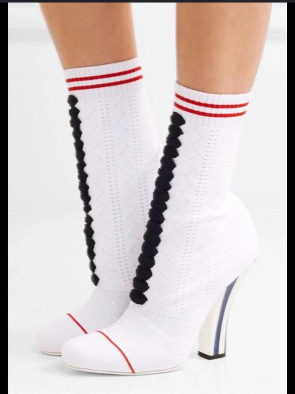 Fendi Cream Knit Sock Boot with Red Stripe and Navy Accents